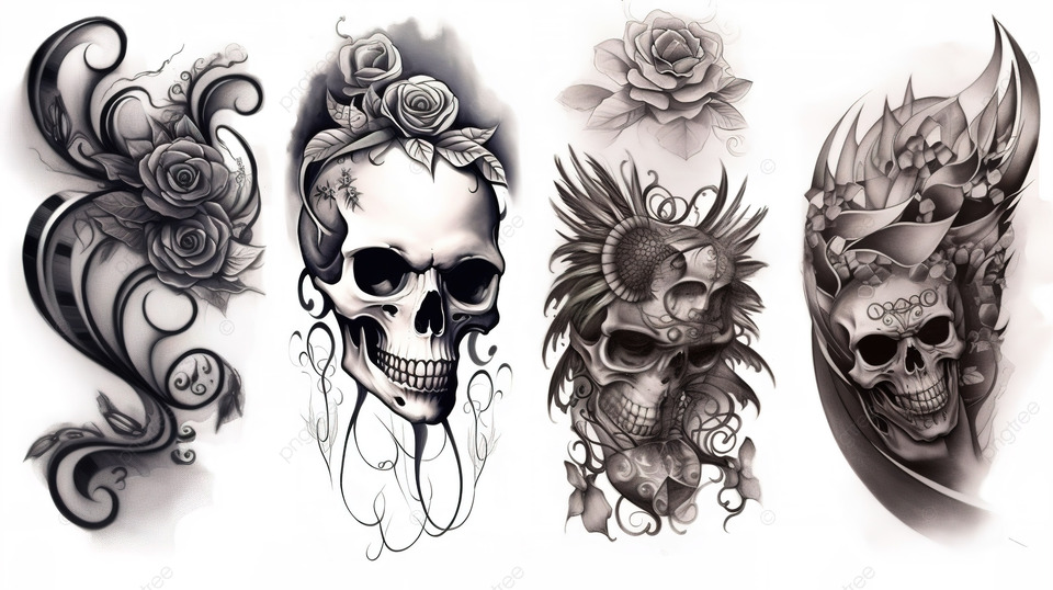 4 Skull Tattoo Designs With Flowers And Skulls Background Picture Of