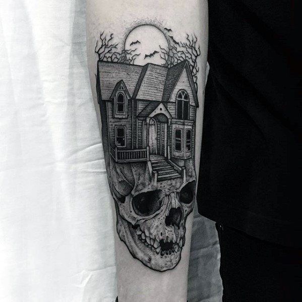 60 Haunted House Tattoo Designs For Men Spooky Spot Ink Ideas