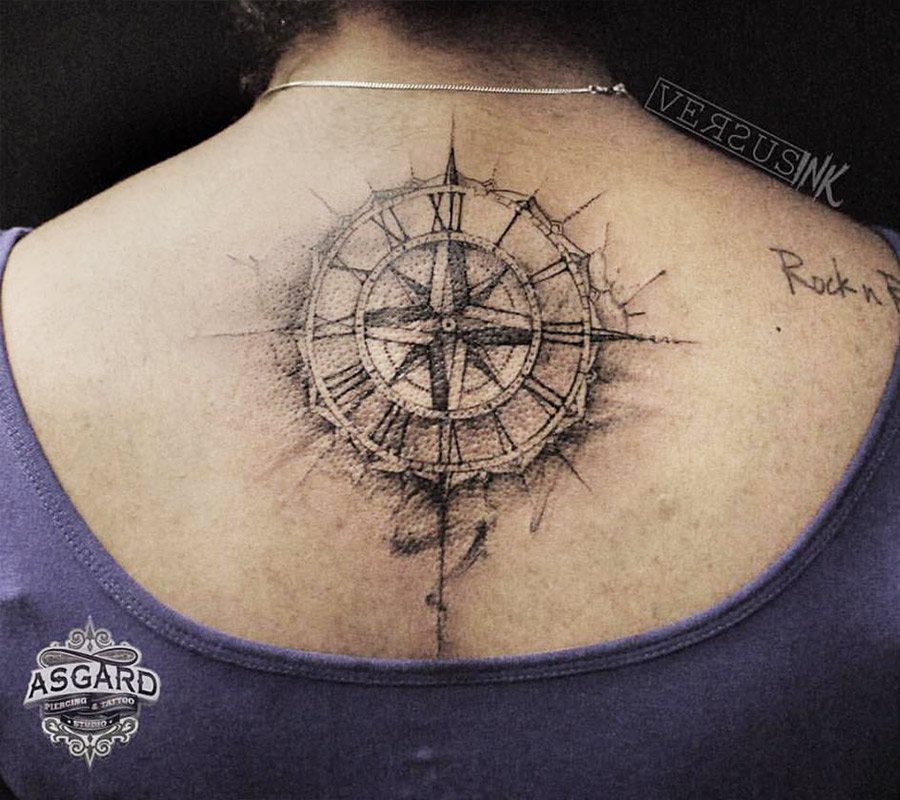 Black Ink Compass Tattoo Realistic Idea Compass Tattoo Design