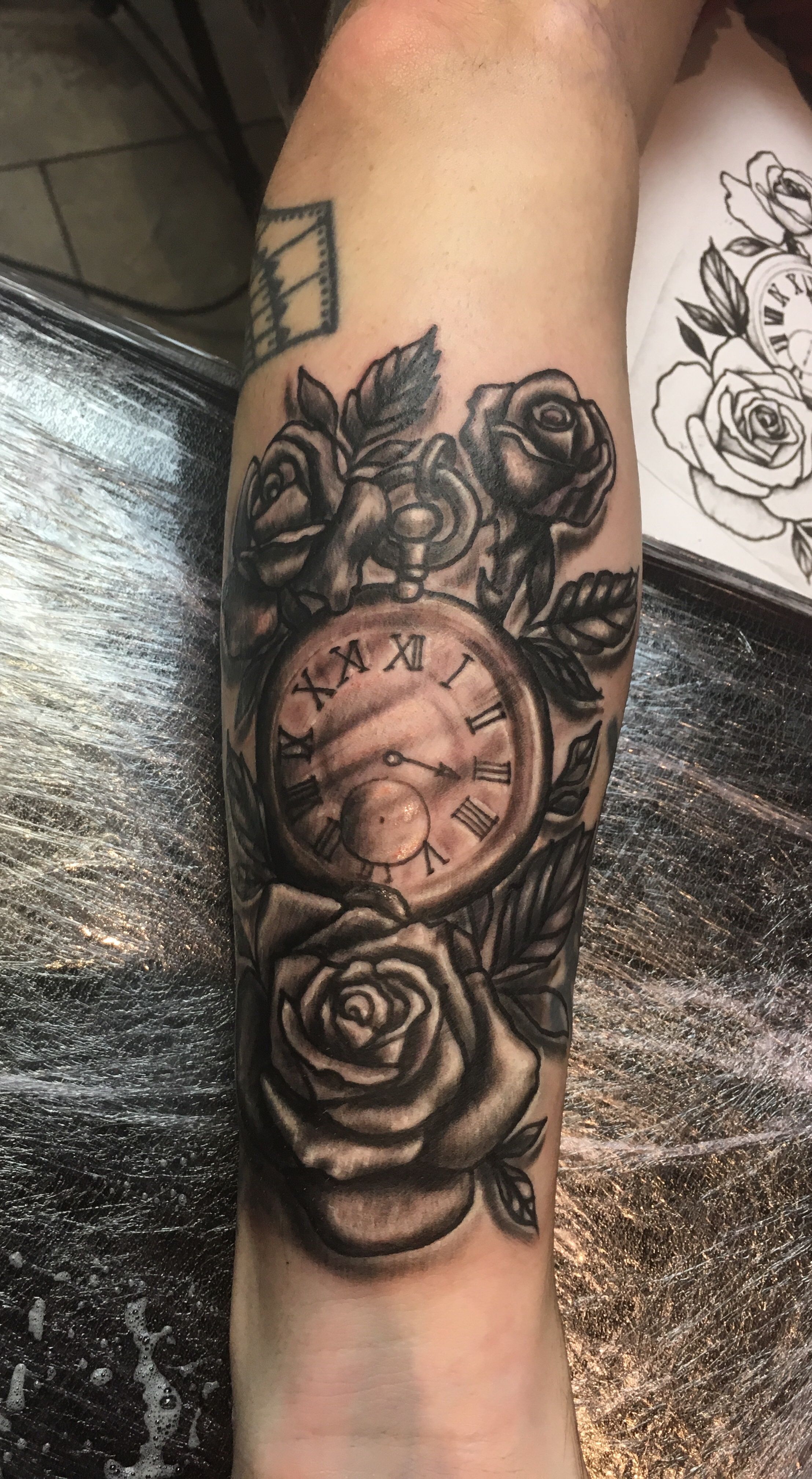 Clock And Rose Tattoo Kltattooartstudio Original Clock And Rose Tattoo