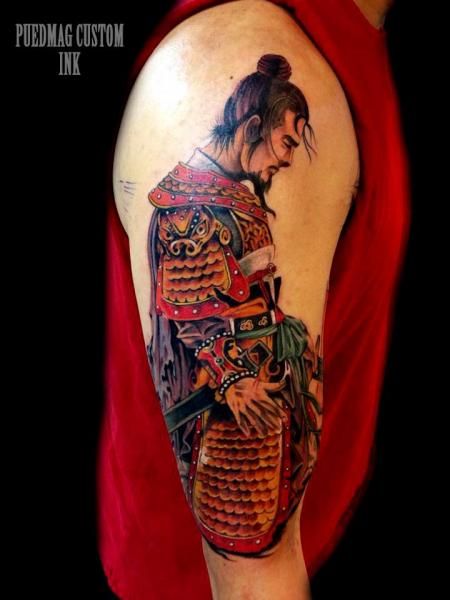 Colorful Traditional Samurai Tattoo On Man Right Half Sleeve Sleeve