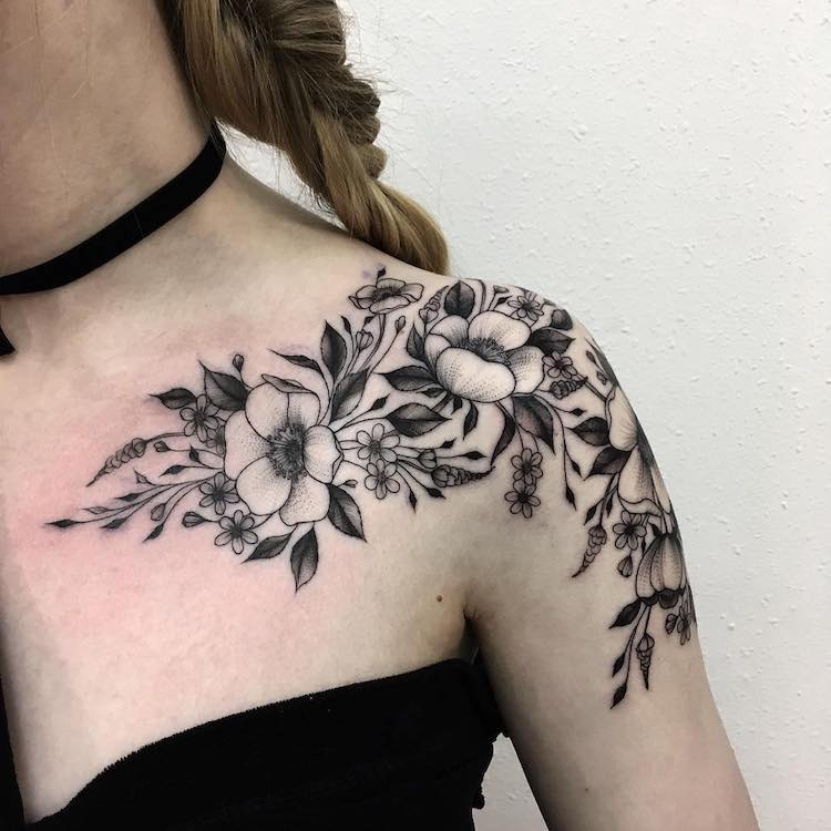 Floral Tattoo Design With Black And White Flowers