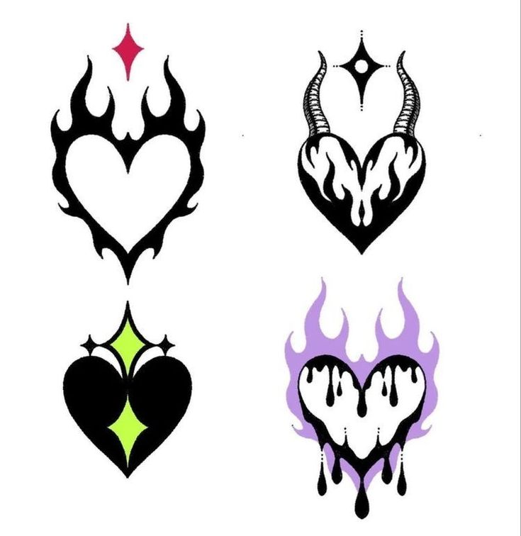 Four Different Heart Tattoos With Flames And Hearts In The Middle One Is Black White And Green