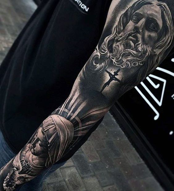 Full Arm Sleeve Religious Themed Guys 3D Jesus Tattoo Designs Jesus