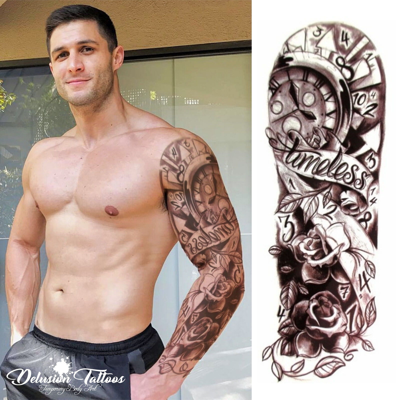 Full Sleeve Arm Temporary Tattoo Timeless Clock Face Roses Mens