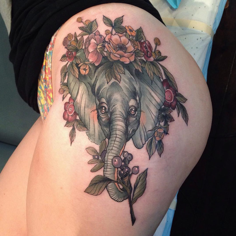 Hip Tattoo Elephant Flowers Best Tattoo Design Ideas