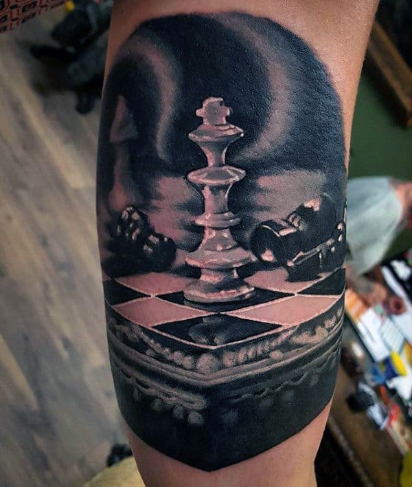 Mens Realistic 3D King Chess Piece Bicep Tattoo Designs King Tattoos