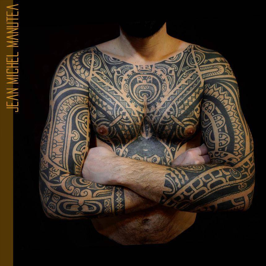 Polynesian Style Full Sleeves And Chest Tattoo