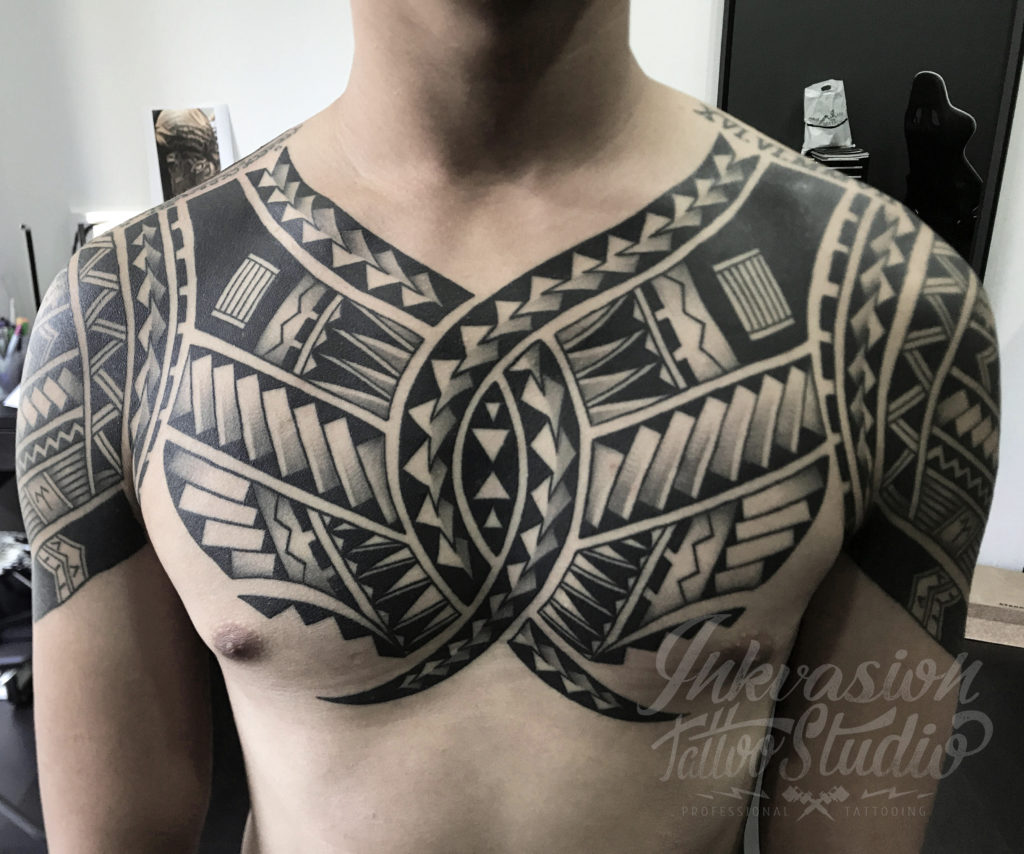 Polynesian Style Shoulder And Chest Piece Tattoo Artist Jean Michel