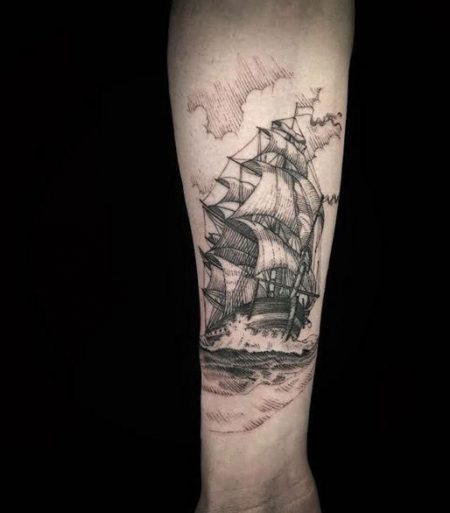 Realistic Black Ship In Water Tattoo On Leg Marine Tattoos Hai Tattoos