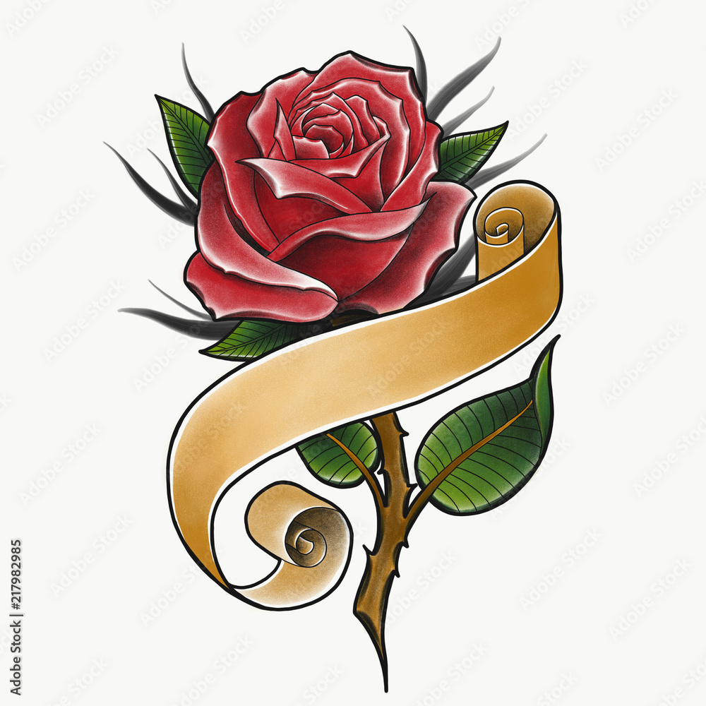 Red Rose With Banner Traditional Tattoo Design Hand Drawn Old School