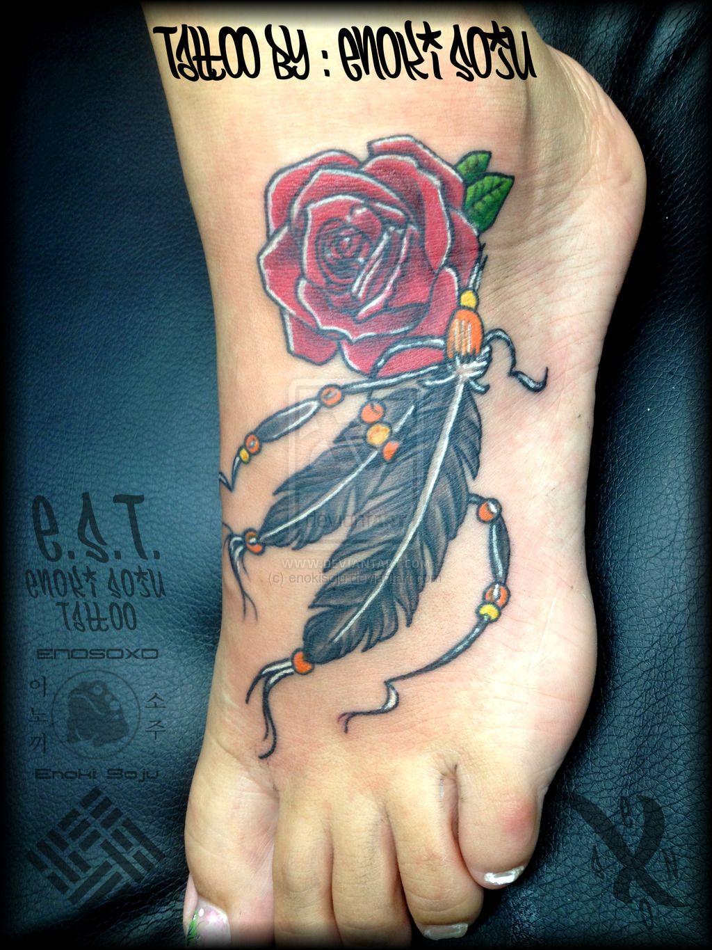 Rose And Feathers With Beads Tattoo By Enoki Soju By Enokisoju On