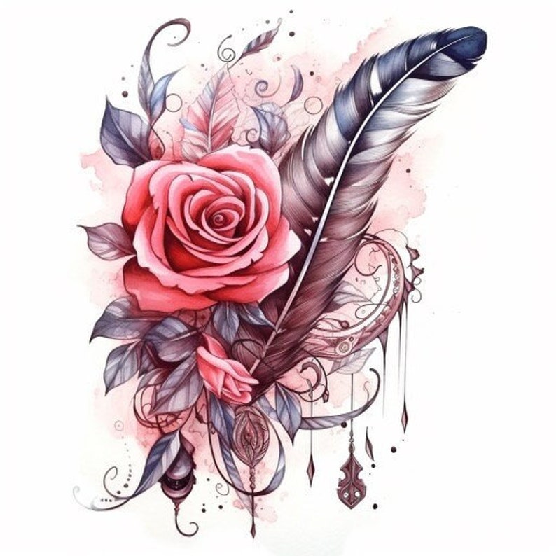 Rose Feather Tattoo Design Etsy