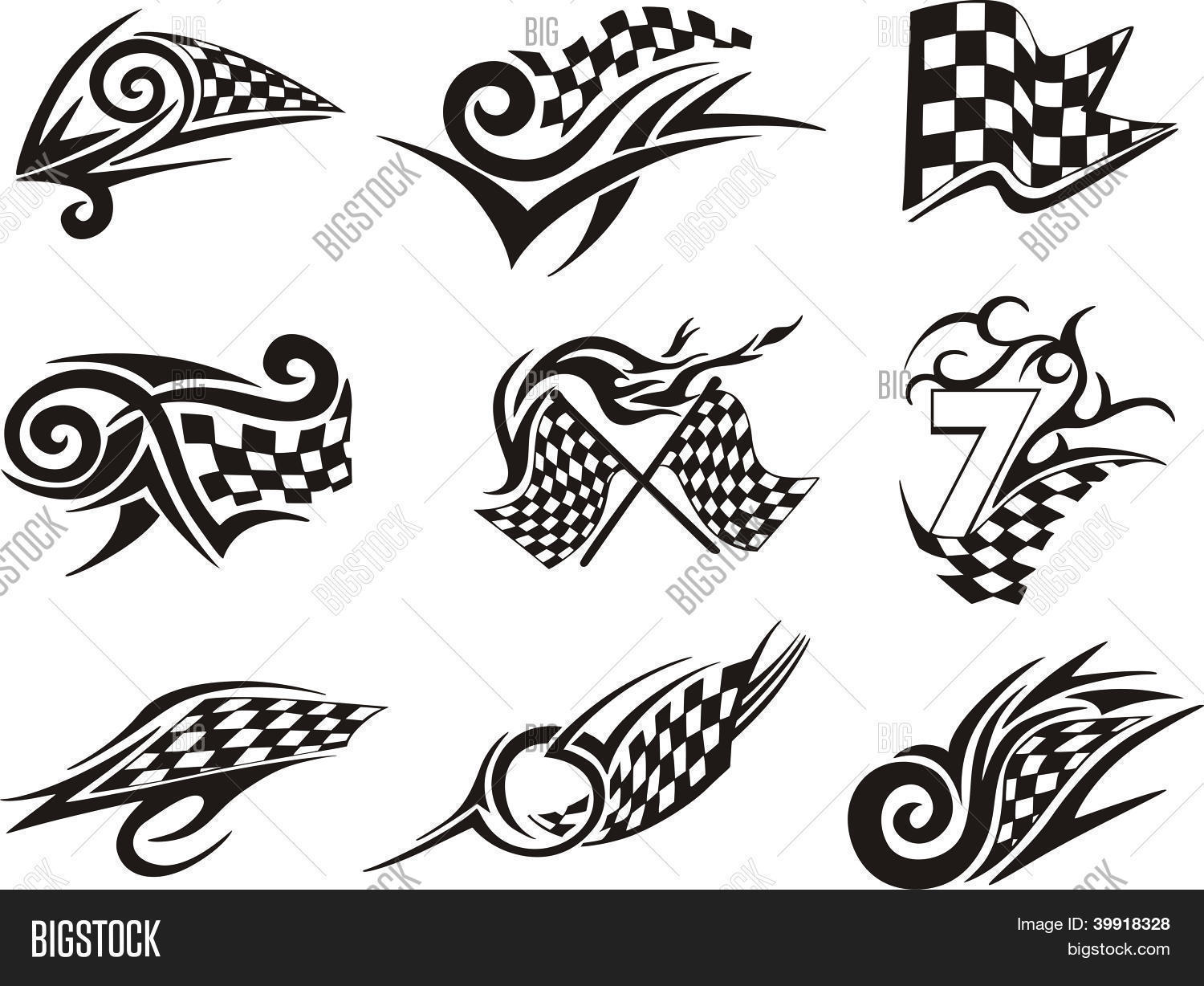 Set Of Racing Tattoos With Checkered Flags Stock Vector Illustration