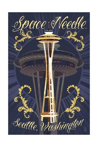 Space Needle Tattoo Style Seattle Wa Prints Lantern Press