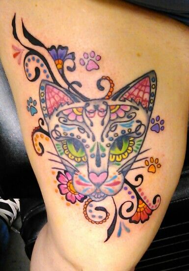 Sugar Skull Cat Tattoo By Dave Jubec At Dermagraffiti Latrobe Pa Beauty Tattoos Cat Tattoo