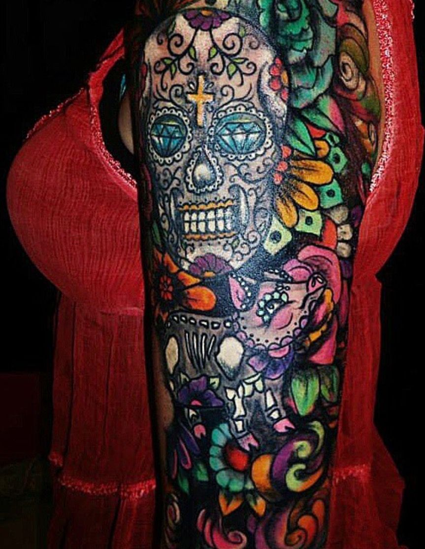 Sugar Skull Themed Tattoo Sleeve By Terin Back Tattoos For Guys