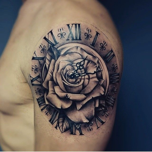 Tattoo Clock Rose Roman Black And Grey Tattoo Ideen M Nner Arm