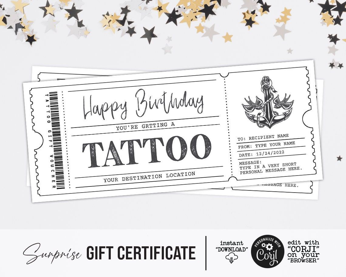 Tattoo Gift Certificate Instant Download Designed For Tattoo Shop