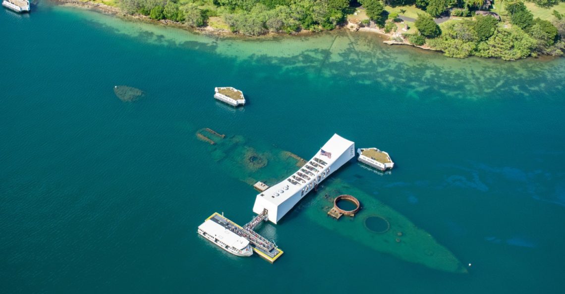 The Sunken Ship Uss Arizona Below The Memorial Pearl Harbor Oahu