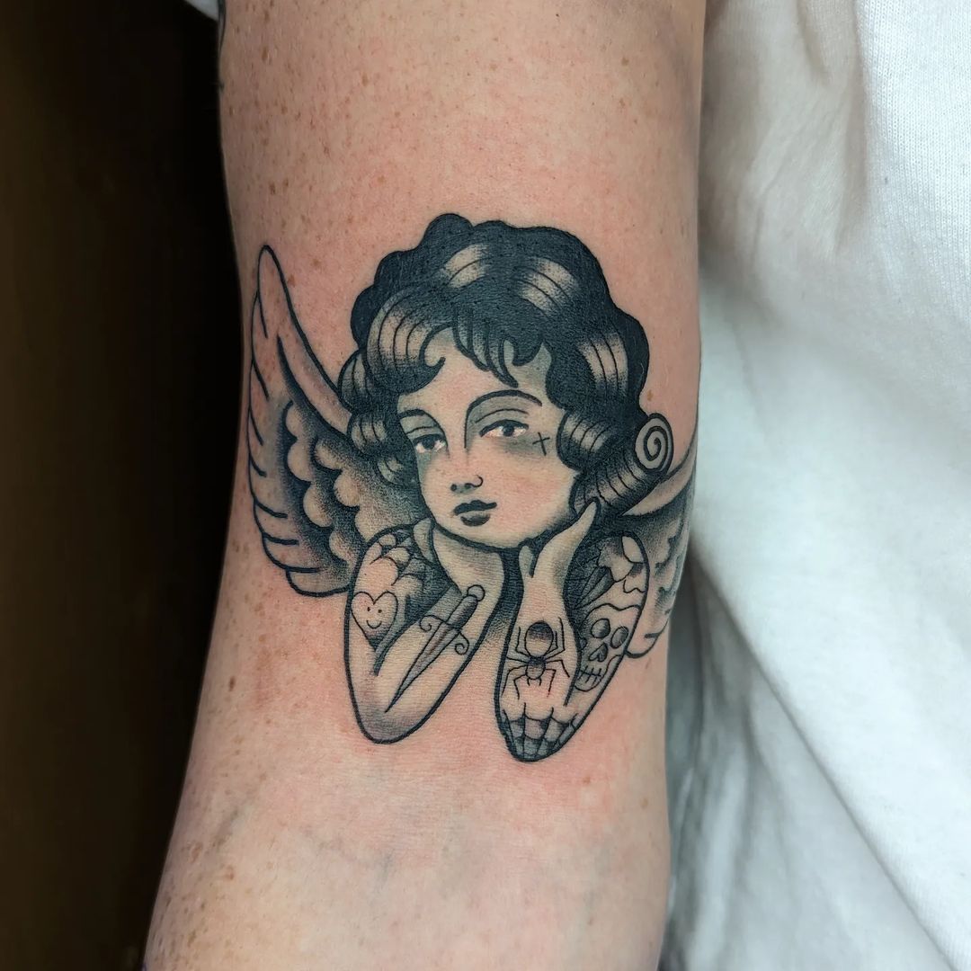 Traditional Cherub Tattoo Black Ink Only Done In Brooklyn Lionsnyc