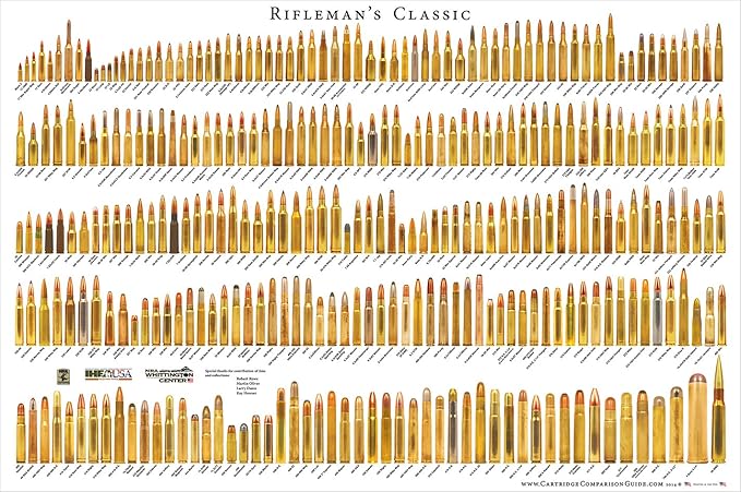 Vintage Outdoors Ammunition Comparison Visual Guide Bullet Poster Handgun Cartridges